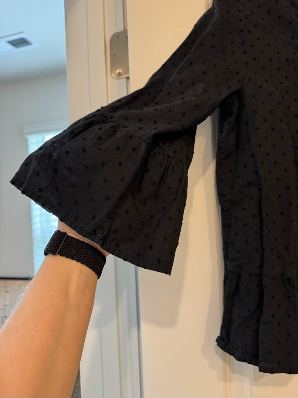 Swiss Dot Peasant Blouse in Black with Ruffle Sleeves - Picture 3 of 10